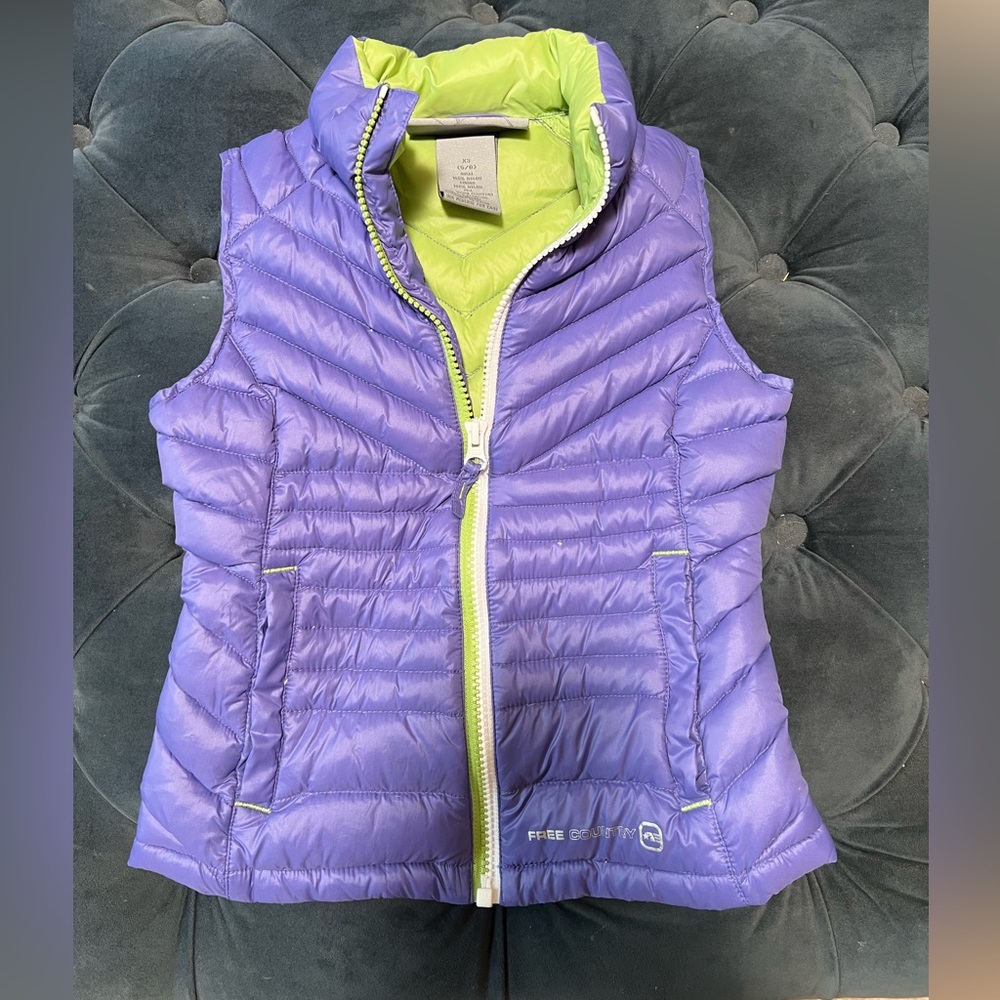 Free Country Down Vest Girls Size XS 5/6 Purple Lime Green. EUC